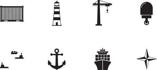 Naklejka premium Collection of black maritime and industrial silhouette symbols