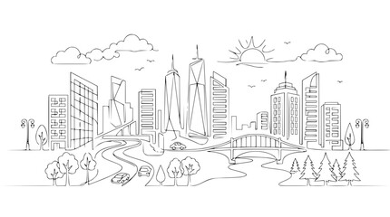 Fototapeta premium Modern City One Line Drawing Vector with Continuous Skyline Minimal Line Art