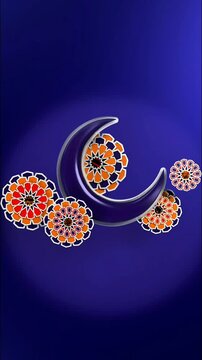 A stylized crescent form with vibrant, intricate geometric motifs against a deep blue gradient creates a serene, culturally inspired visual. Elegant patterns adorn this rich indigo canvas.