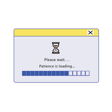 Computer dialog window in retro nostalgic style, Please wait, patience is loading. Verification question in old 90s message box. Security popup, 00s UI design. Flat vector illustration isolated white 