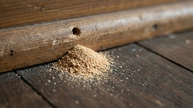 A pile of fine sawdust sits on a dark wooden floor beneath a small hole bored into a baseboard, indicating active wood-boring insect damage.