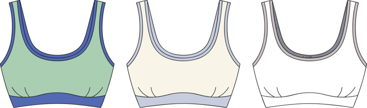 Sports bra tech pack illustration front view in three colorways