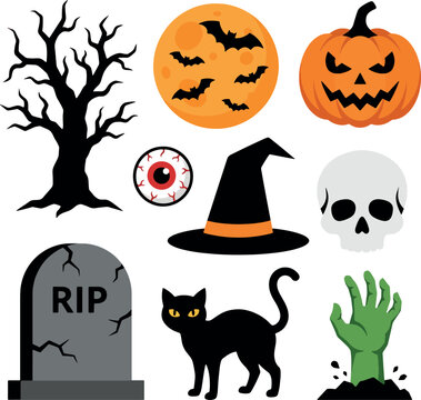 Spooky Halloween flat vector element icon set