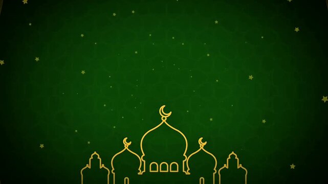 A luminous golden crescent moon, adorned with intricate patterns, shines brightly amidst a dark green, star-studded sky. Stylized clouds glow softly, creating a serene, enchanting nocturnal scene.