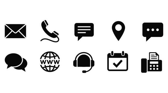Communication And Contact Icons Set Flat Black Silhouette On White Background