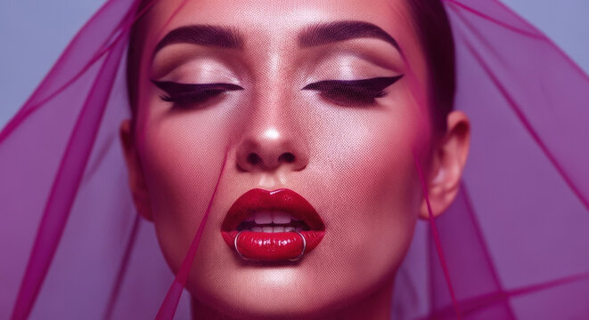 A beautiful woman with striking make-up, dramatic eyeliner, and bold red lips, veiled in sheer pink fabric, concept of high fashion and artistic beauty.