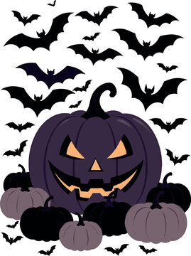 Spooky purple Halloween pumpkin with flying bats vector illustration