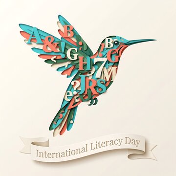 Colorful papercut hummingbird composed of letters for International Literacy Day