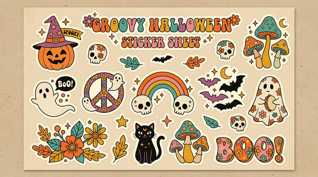 Retro groovy halloween sticker sheet with vintage inspired festive illustrations