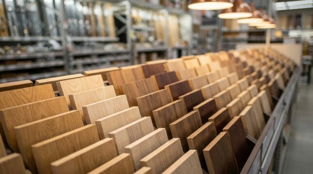 Display of wooden flooring samples in hardware store