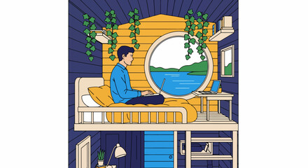 Man working on laptop in cozy loft bed of tiny cabin illustration © Angga