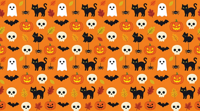 Seamless halloween pattern with pumpkins ghosts skulls bats and black cats