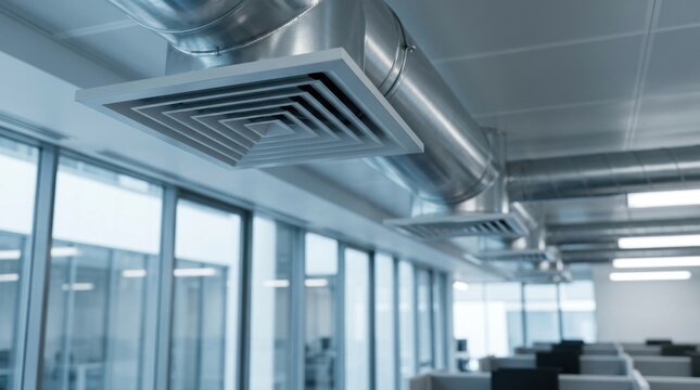 Industrial metal ventilation ducting and air vents in an office ceiling