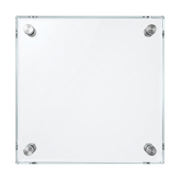 Square glass board with metal mounting bolts on transparent background