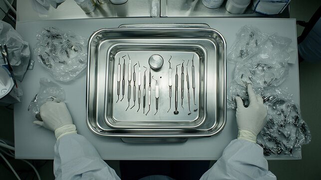 Medical Professional in Gloves Organizing Sterile Dental Instruments in Trays