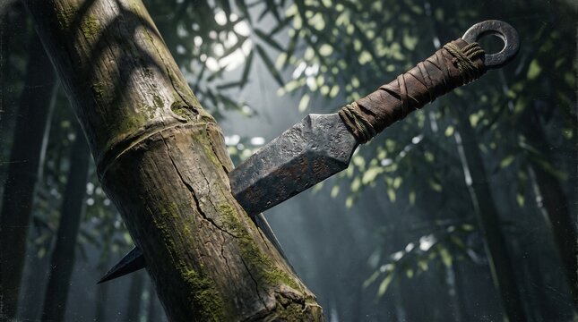 Kunai Blade Embedded in Aged Bamboo