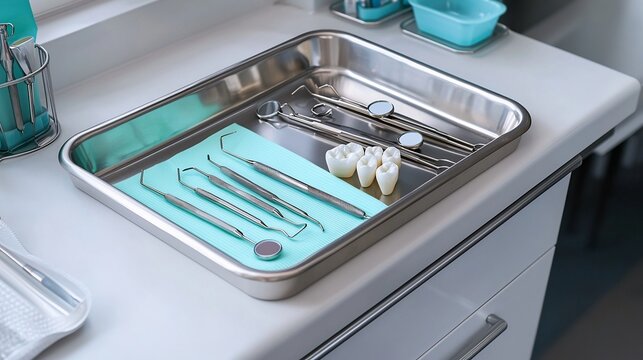 Dental Examination Tray with Tools and Tooth Models on Blue Surface