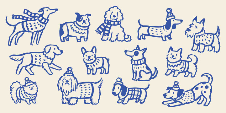 Dog Breeds in Winter Clothes Hand Drawn Vector Illustration