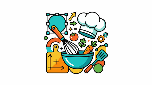 Colorful kitchen icons for cooking graphics and design including chef hat