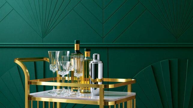 Elegant bar cart with crystal glassware and cocktail accessories in luxurious modern interior