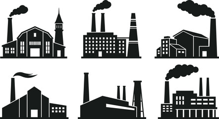 Obraz premium Industrial Factory Building Silhouette Icon Set with Smoke Stacks Power Plants Warehouses and Manufacturing Facility Vector Graphics for Business Logo Designs