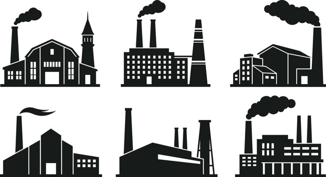 Industrial Factory Building Silhouette Icon Set with Smoke Stacks Power Plants Warehouses and Manufacturing Facility Vector Graphics for Business Logo Designs