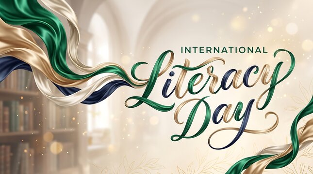 International Literacy Day celebration with flowing ribbons and blurred bookshelf background