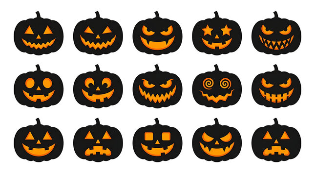 Set of fifteen halloween pumpkin jack o lantern faces with scary expressions