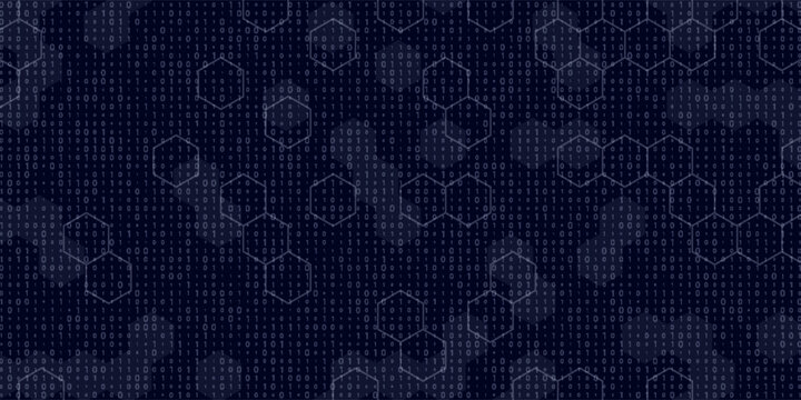 Abstract digital banner with a stream of binary code numbers 0 and 1. Fading hexagons on a dark blue background create a futuristic technology concept.