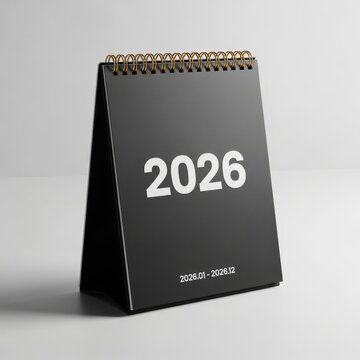 A black desk calendar for the year 2026, displaying the months from January to December, against a bright background.