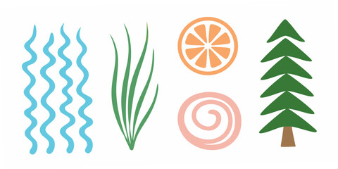 Collection Of Hand Drawn Style Elements Including Waves Grass Citrus And Tree © Mira
