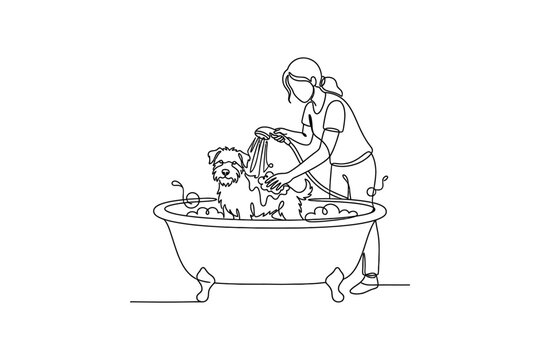 A continuous line drawing of a woman bathing her dog in a bathtub.