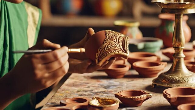 Artist decorating clay oil lamp with intricate paint.