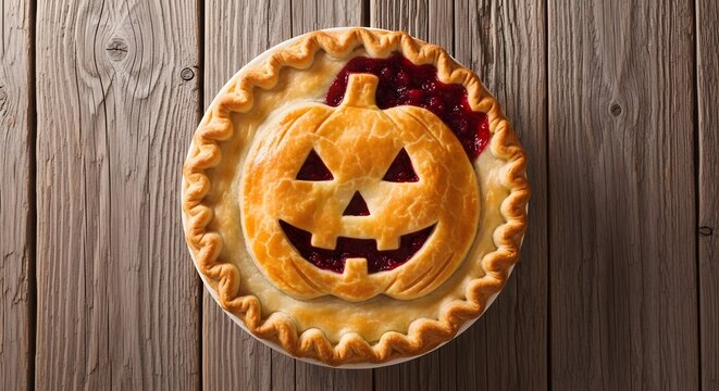 Delicious homemade fruit pie with carved pumpkin face crust design on rustic wooden table for festive holiday dessert Happy Halloween