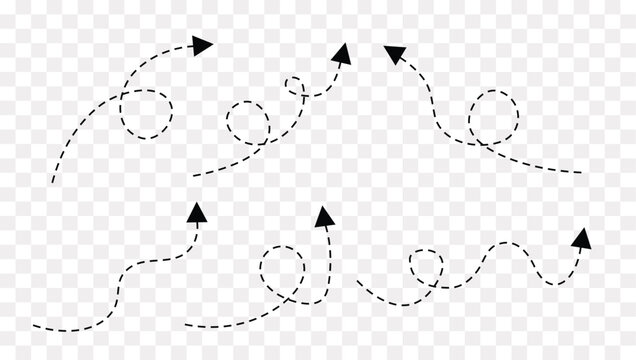 Hand drawn dashed arrow path doodle on transparent background