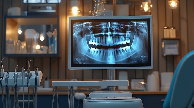 Panoramic dental X-ray displayed on a digital monitor in a modern clinic with professional medical tools nearby