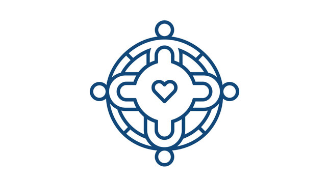 Minimalist blue vector graphic illustration showing a circular community icon with four stylized human figures connected around a central heart shape representing unity and love in a clean modern 
