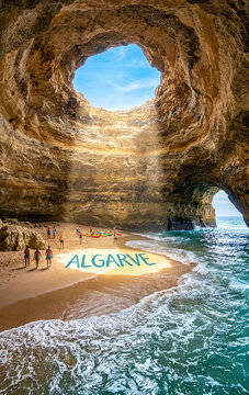 Sunlight Streaming inside Benagil Sea Cave Beach, Algarve, Portugal
