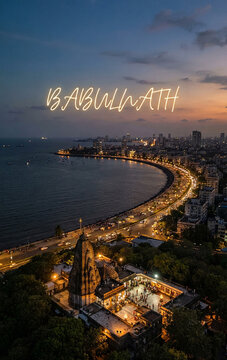 Aerial Night View of Babulnath Temple and Marine Drive Skyline, Mumbai, India
