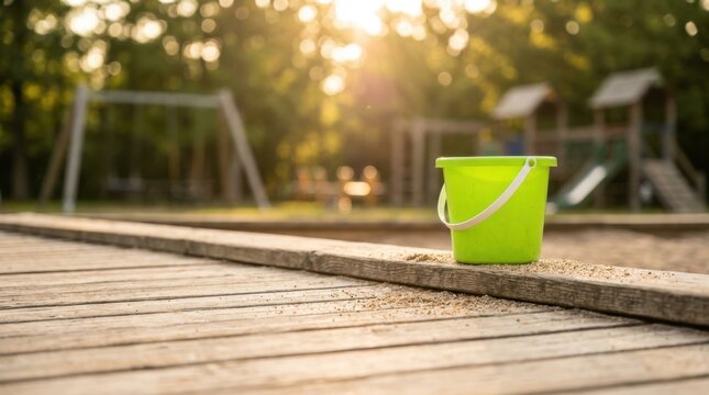 Green plastic bucket on wooden edge at a sunny outdoor playground