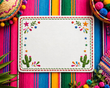 Embroidered cactus frame on colorful striped textile vibrant fiesta decoration succulent