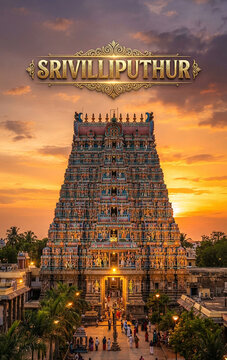 Srivilliputhur Andal Temple Tower Gopuram at Sunset, Tamil Nadu, India
