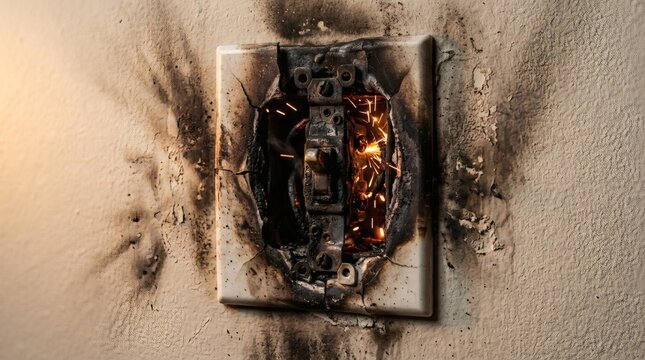 Exploding wall light switch with sparks and burn marks representing dangerous electrical fire hazard.