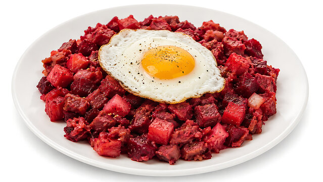 Red flannel hash  New England beet and corned beef hash with potatoes  pink-red color  fried egg on top  isolated white background