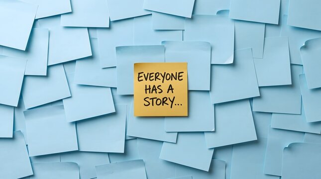 Yellow Sticky Note with "Everyone Has A Story" Text Among Blue Post-it Notes on Board