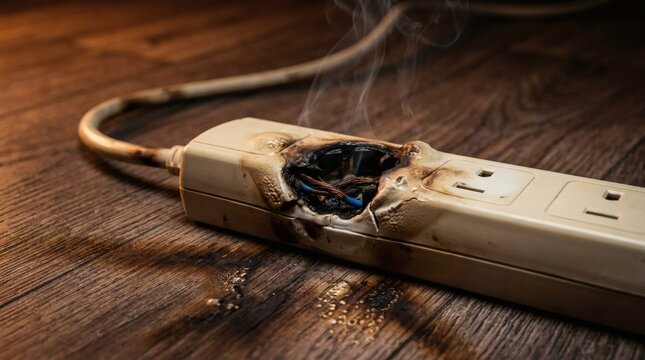 Melted and burnt power strip with visible electrical wires on a wooden floor.
