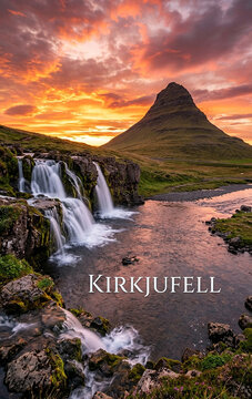 Sunset View of Kirkjufell Mountain and Kirkjufellsfoss Waterfall in Sn&aelig;fellsnes Iceland Illustration
