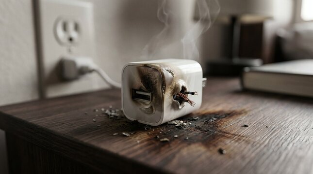 Melting electronic usb power adapter smoking on wooden desk due to dangerous electrical short circuit.