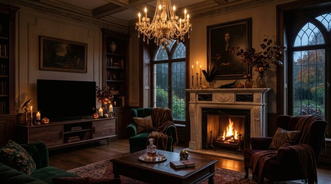 Sophisticated library room interior with crystal chandelier fireplace and view of rain against Gothic arched windows.