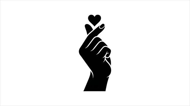 A stylish black silhouette illustration of a hand forming the popular Korean finger heart gesture with a small floating heart above it.
